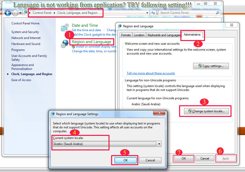 Regional and Language settings for Non Unicode applications Windows7